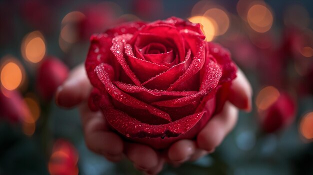 Jonge vrouw met een boeket rode rozen met lichten op de achtergrond Valentine concept Generative Ai