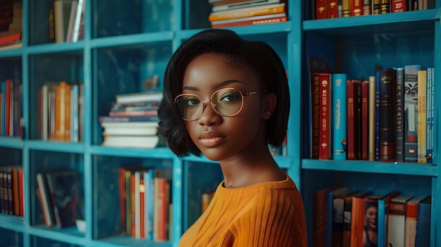 Jonge vrouw met een bril die poseert voor een boekenplank in casual stijl, moderne omgeving, ontspannen educatieve omgeving, portret AI