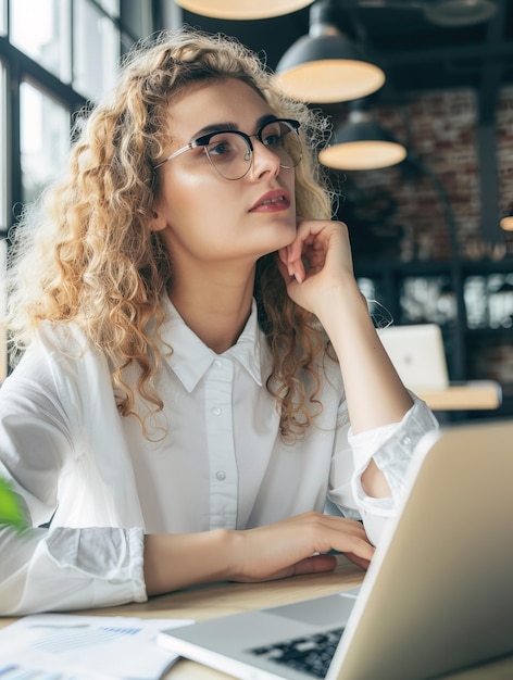 Jonge vrouw met een bril met wit krullend haar in het kantoor bij de laptop die naar boven kijkt