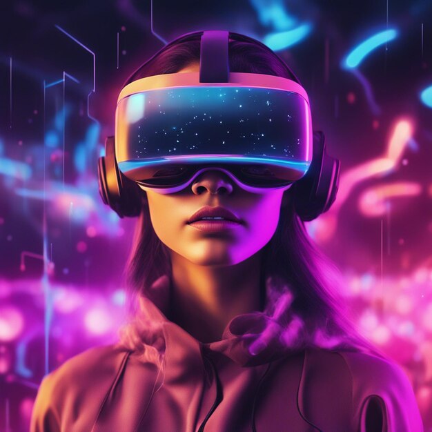 Jonge vrouw met een futuristische bril en VR geïsoleerd op neon onscherpe achtergrond