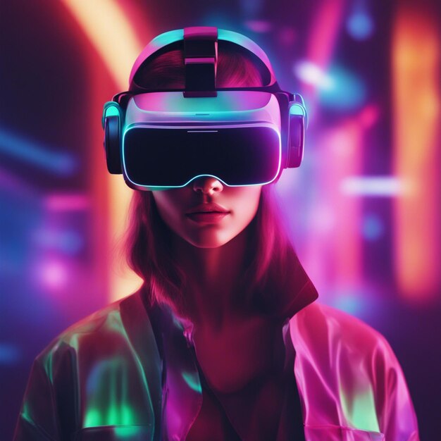 Jonge vrouw met een futuristische bril en VR geïsoleerd op neon onscherpe achtergrond