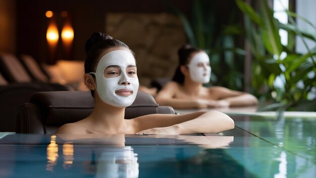 Foto jonge vrouw met een gezichtsmasker ontspant zich in een spa-salon.