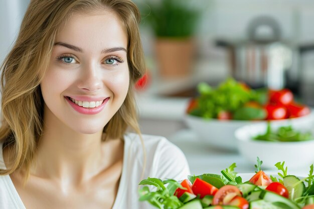 Jonge vrouw met een gezonde salade maaltijd