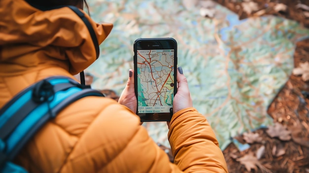 Foto jonge vrouw met een kaart en een smartphone in haar handen ze staat in een bos en kijkt naar de kaart