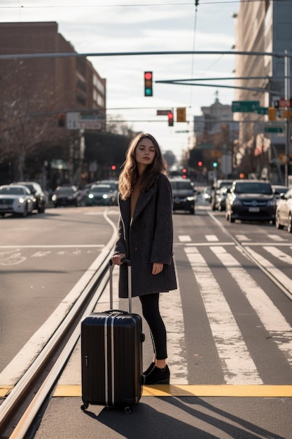 Jonge vrouw met een koffer wachtend op een kruispunt in de stad gemaakt met generatieve ai