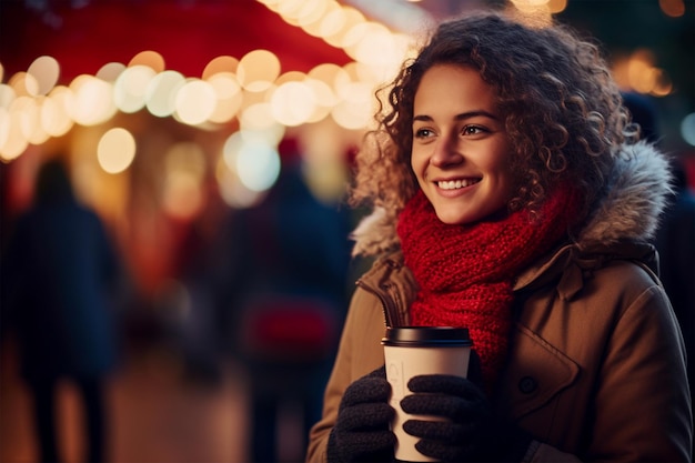 Jonge vrouw met een kopje warm drankje op de kerstmarkt gegenereerd door AI