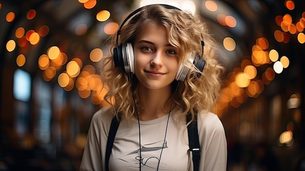 jonge vrouw met een koptelefoon glimlacht en staat op een openbare plaats en luistert naar audioboeken concept Generatieve AI