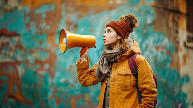 Jonge vrouw met een megafoon op de achtergrond van een oude muur