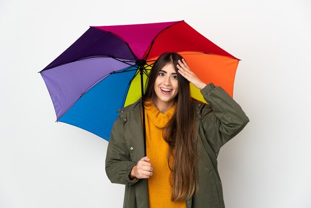 Jonge vrouw met een paraplu geïsoleerd op een witte muur met verrassing expressie