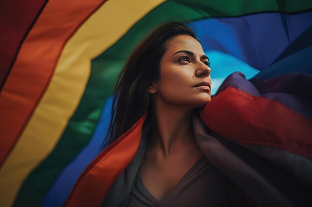 Jonge vrouw met een regenboogvlag in haar concept van handvrijheid