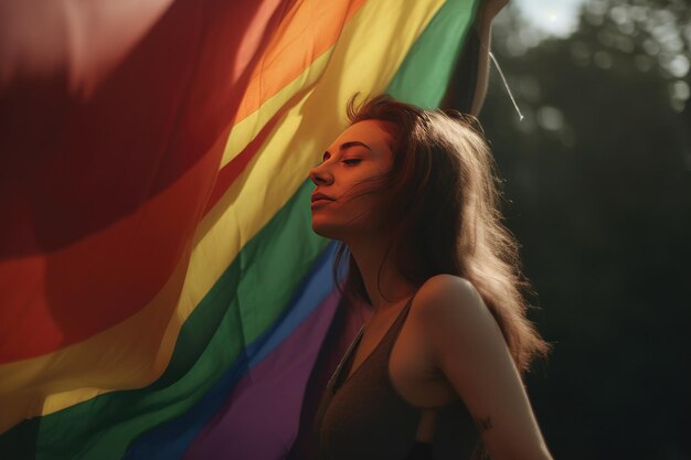 Jonge vrouw met een regenboogvlag in haar concept van handvrijheid