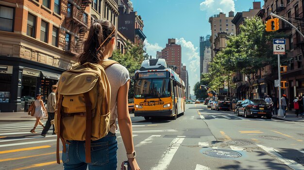 Foto jonge vrouw met een rugzak kruist de weg in de stad ze draagt een wit shirt en blauwe spijkerbroek er is een bus en een paar auto's op de weg