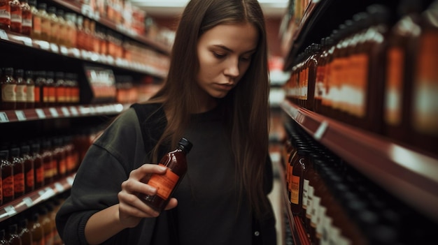 Foto jonge vrouw met een vastberaden glimlach generatieve ai leest etiketten op sausflessen in een supermarkt