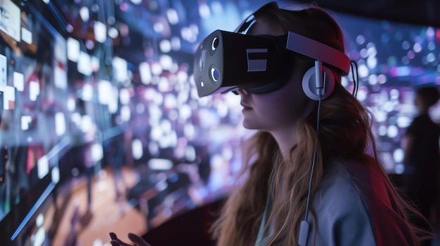 Foto jonge vrouw met een virtual reality headset ze is ondergedompeld in een wereld van digitale informatie