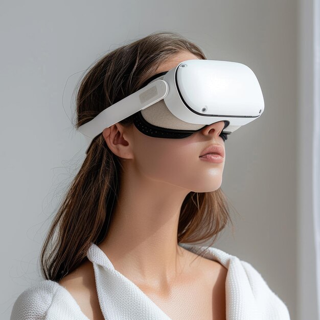 Jonge vrouw met een virtuele realiteitsbril in de speelzaal.