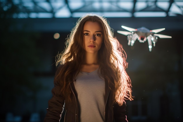 Jonge vrouw met een vliegende drone met Generative AI