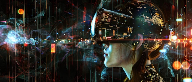 Jonge vrouw met een VR-bril volwassen meisje speelt een futuristische headset op een panoramische abstracte donkere achtergrond Concept van digitale technologie virtuele realiteit toekomst