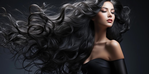 Jonge vrouw met gezond lang zwart haar Glanzend golvend mooi haar Digitale afbeelding