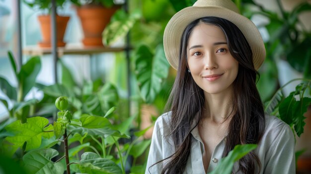 Jonge vrouw met hoed die glimlacht tussen groene planten in een heldere binnentuin