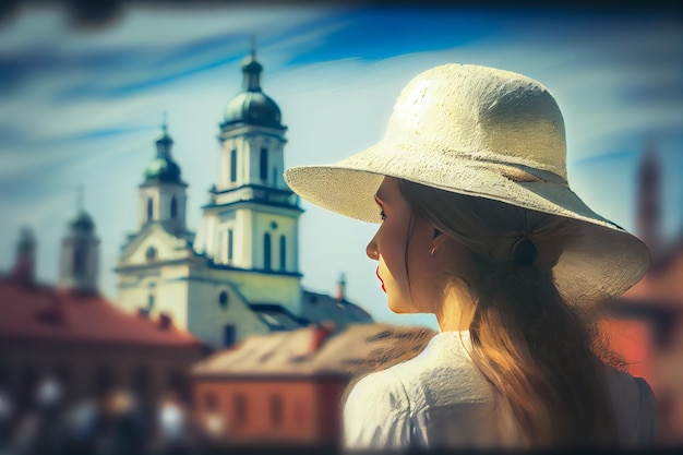 Jonge vrouw met hoed die naar de oude stad kijkt Generatieve AI
