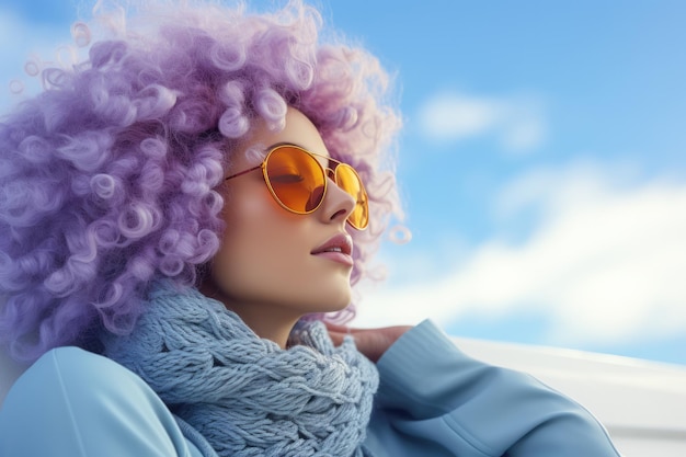 Jonge vrouw met koptelefoon en kleurrijke winterkleren met een hemelachtergrond