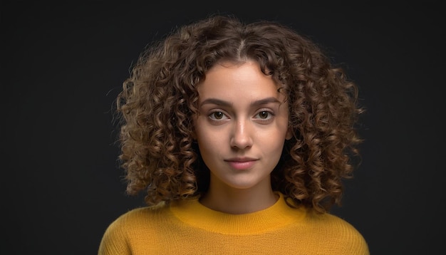 Foto jonge vrouw met krullend haar die een casual jumper draagt modemodel met glimlachende profielfoto hd behang