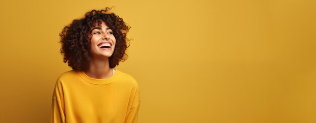 Foto jonge vrouw met krullend haar met een gelukkige gezichtsuitdrukking kopieer ruimte voor tekst