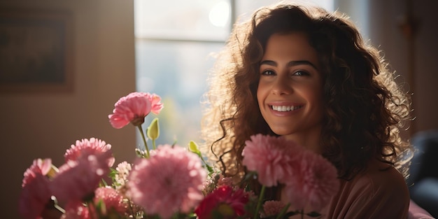 jonge vrouw met lang golvend haar met een boeket bloemen