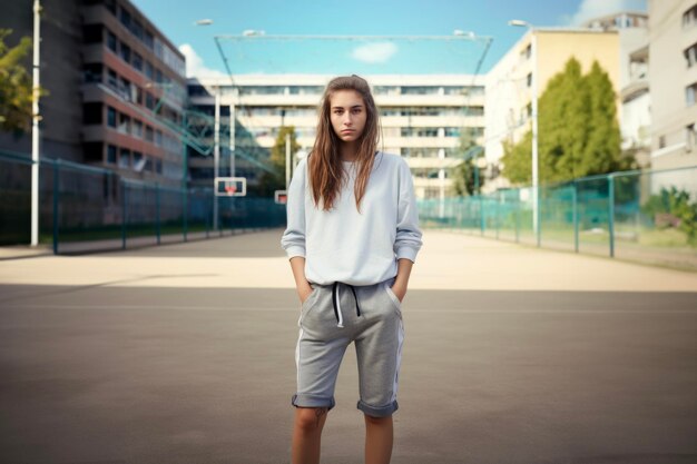 Jonge vrouw met lang haar, gekleed in een sportpak, kijkend naar de camera terwijl ze op het sportveld staat