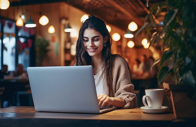 Jonge vrouw met laptop die koffie drinkt in het café