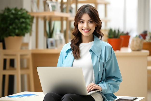 Jonge vrouw met laptop op kantoor Werk thuis concept Aziatisch