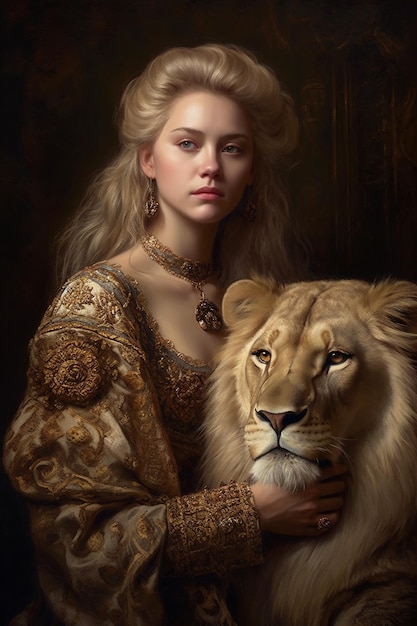 Jonge vrouw met leeuwportret van volwassen meisje in generatieve AI van de olieverfschilderijstijl