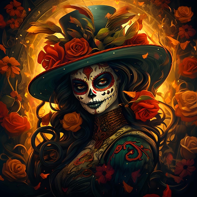 Jonge vrouw met make-up op het festival Dag van de Doden Dia de los MuertosGenerative Ai