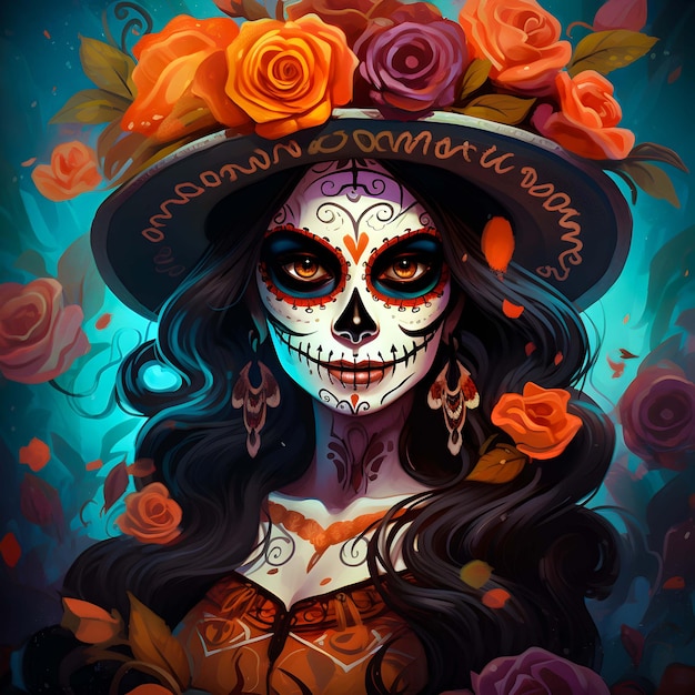 Jonge vrouw met make-up op het festival Dag van de Doden Dia de los MuertosGenerative Ai