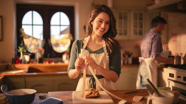 Jonge vrouw met meetband in de keuken