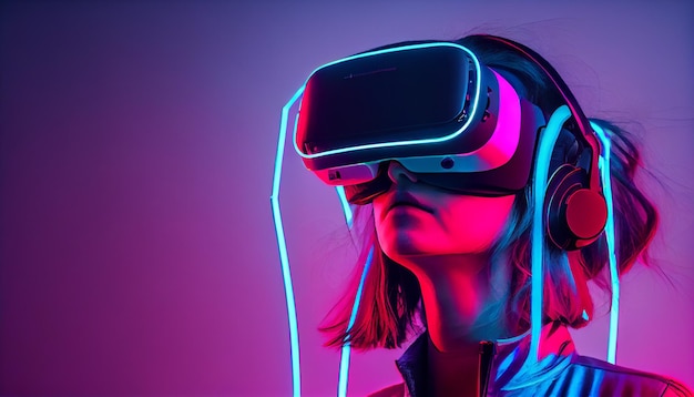 Jonge vrouw met neonlichten die een VR-headset draagt en virtual reality metaverse ervaart