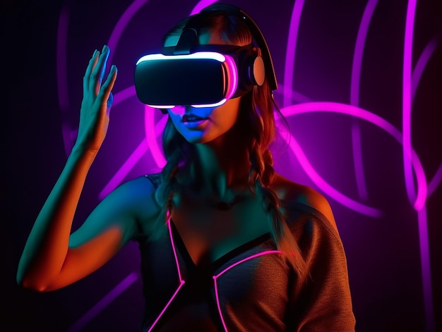 Jonge vrouw met neonlichten die VR-headset draagt en virtual reality-simulatie metaverse en fantasiewereld ervaart