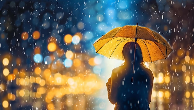 Jonge vrouw met paraplu in de regen 's nachts met AI gegenereerd