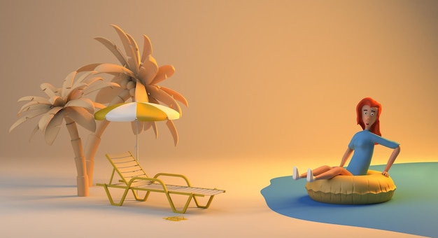 Jonge vrouw met ring opblaasbare dobber op het strand Zomer concept Kopieer ruimte 3D illustratie