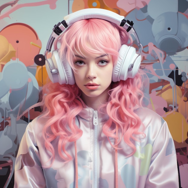 Jonge vrouw met roze haar in koptelefoon luisteren naar muziek Pastelkleuren trend