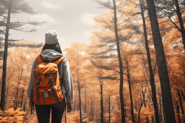 Jonge vrouw met rugzak op wandeling in het bos Actief levensstijlconcept