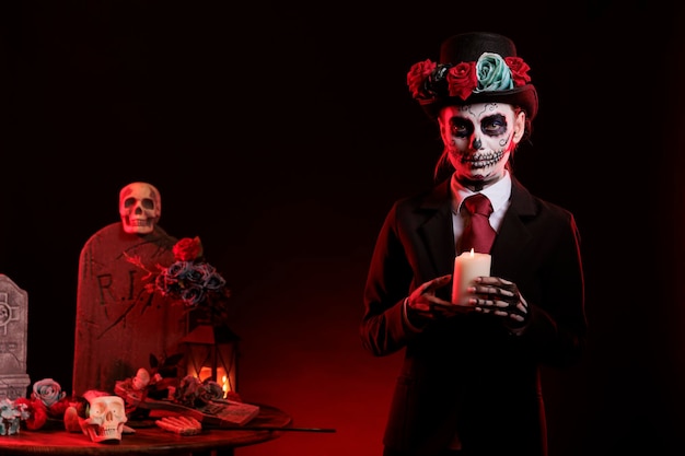 Jonge vrouw met schedel make-up met kaars branden in studio, gekleed als santa muerte om dios de los muertos te vieren. Ziet eruit als de Mexicaanse godin van de dood op de dag van de doden.