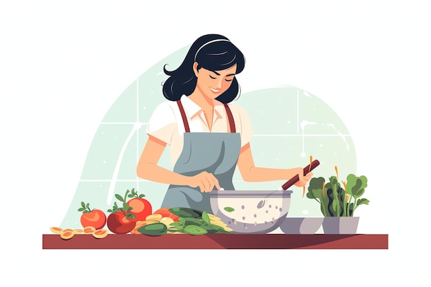 jonge vrouw met schort koken op witte achtergrond Cartoon plat illustratie