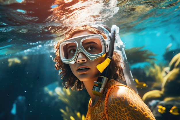 Jonge vrouw met snorkelkleding onder water Onderwater achtergrond van een vrouw die snorkelt en freediving doet Ai gegenereerd