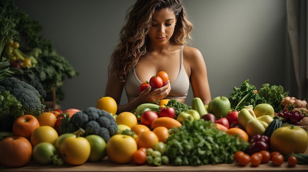 Jonge vrouw met veel fruit en groenten Gezond eten concept