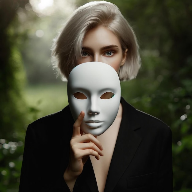 Foto jonge vrouw met wit masker in een serene buitenomgeving