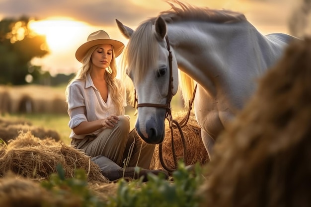 Jonge vrouw met wit paard bij zonsondergang