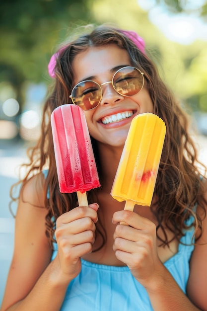 Jonge vrouw met zonnebril geniet van twee popsicles op een zonnige zomerdag