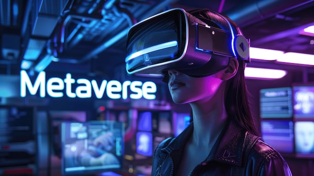 Jonge vrouw model in VR headset loopt in metaverse klant met behulp van virtuele realiteit in digitale neon winkel volwassen meisje cyberwereld Concept van online technologie toekomst retail