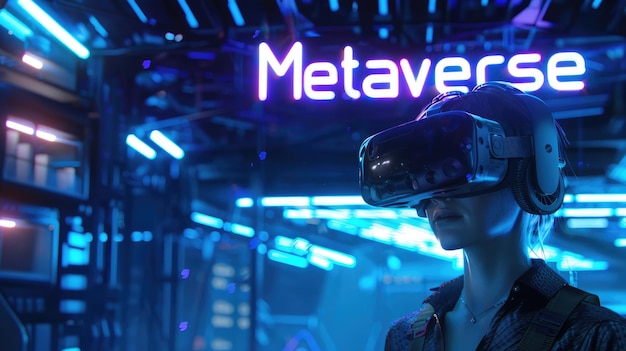 Foto jonge vrouw model in vr headset loopt in metaverse klant met behulp van virtuele realiteit in digitale neon winkel volwassen meisje cyberwereld concept van online technologie toekomstige mode